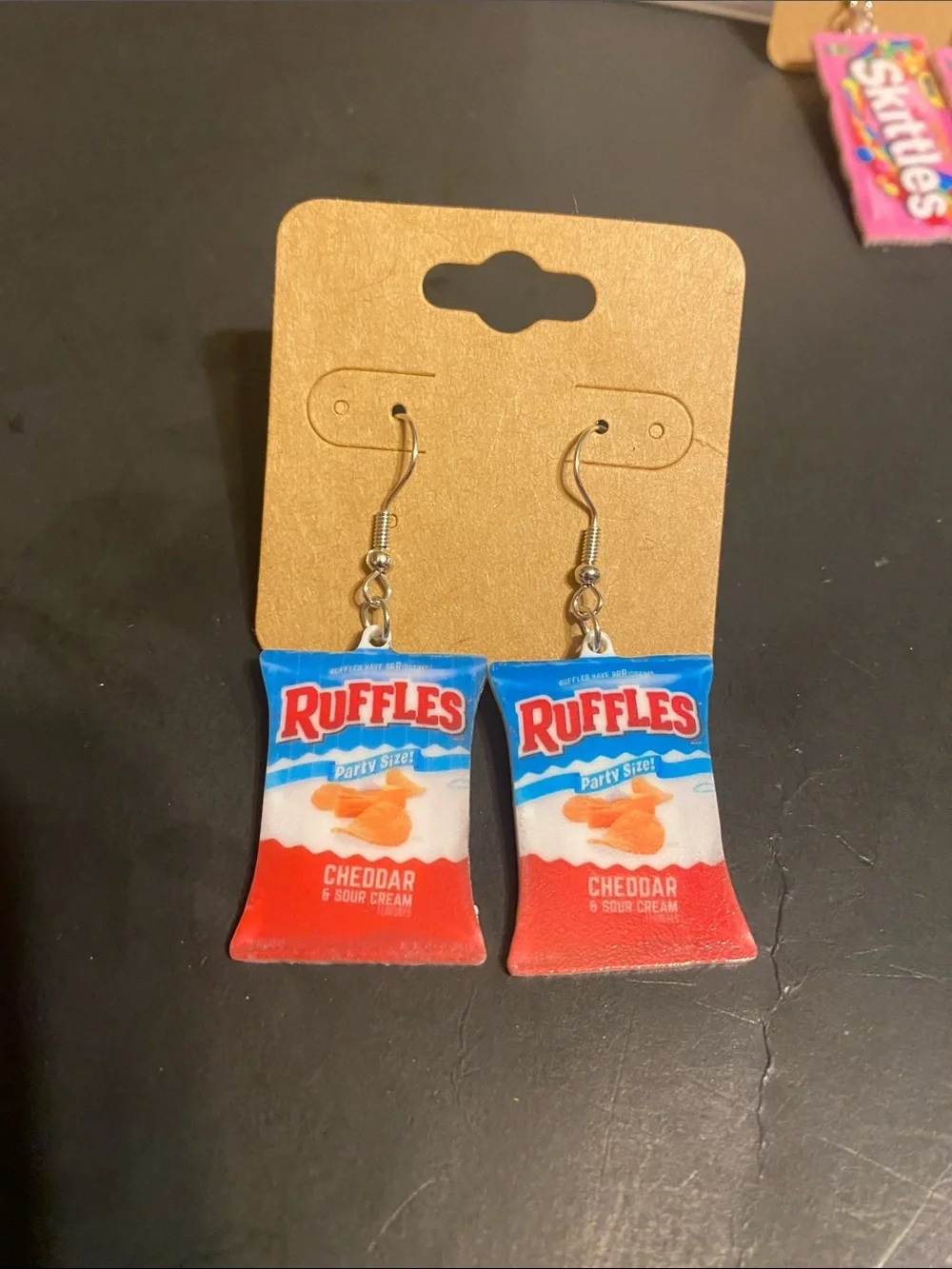 Novelty Kids Earrings - Pink Skittles & Red Ruffles Snack Pack Designs